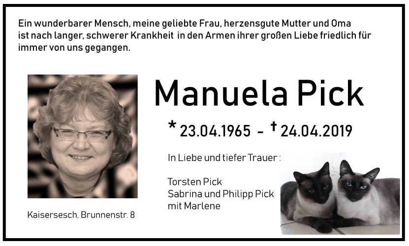 Traueranzeige Manuela Pick